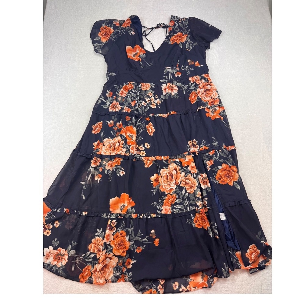 The General Good Janece Floral Tie-Back Maxi Dress Navy Orange 1X Flutter Sleeve
